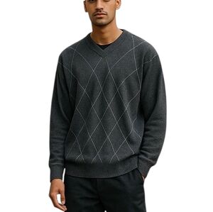 Jos. A. Bank 100% Soft Knit Cotton Luxury V-Neck Argyle Sweater - Gray